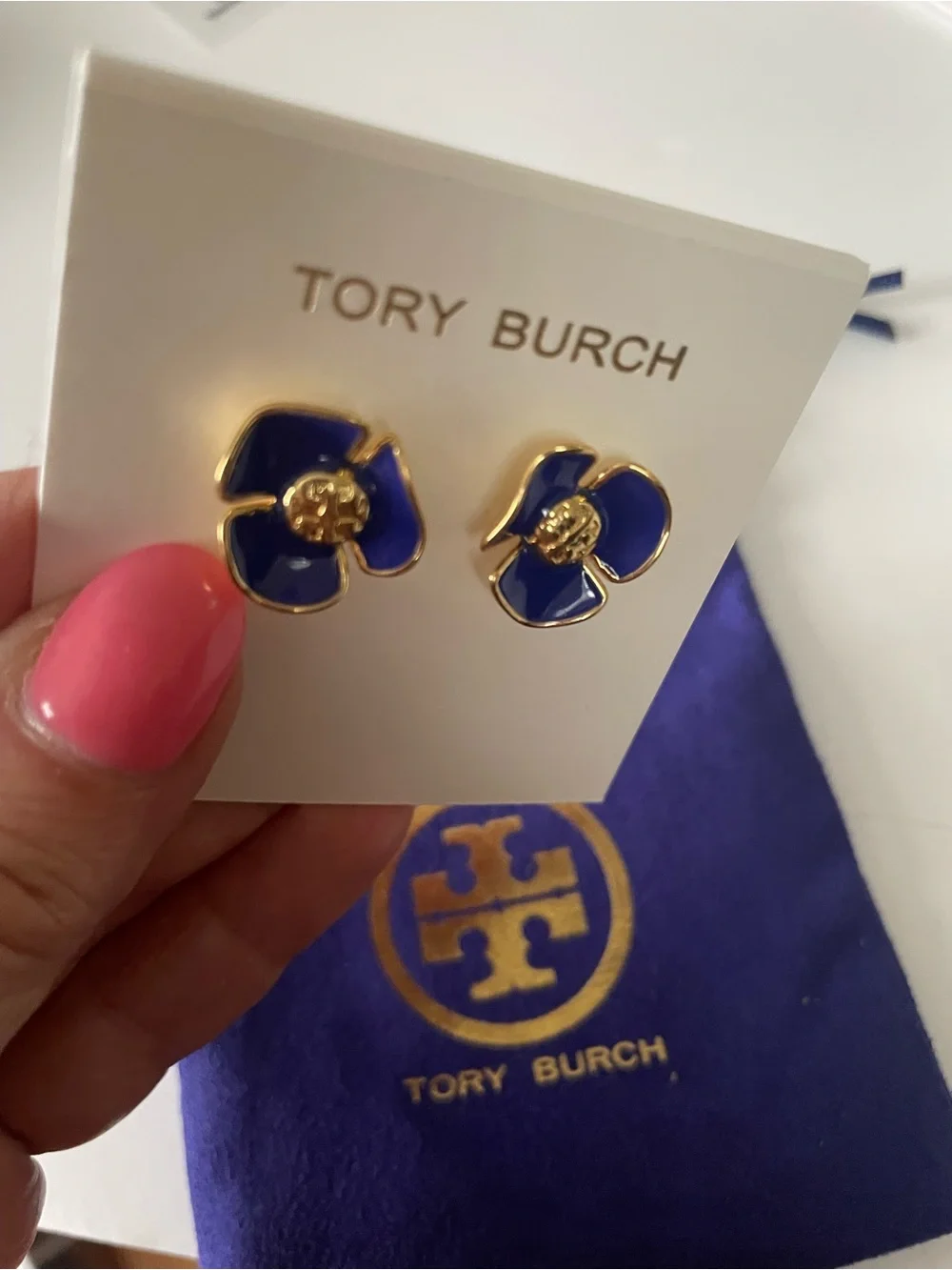 Tory Burch Royal Blue Enamel Flower Stud Earrings with Gold Trim